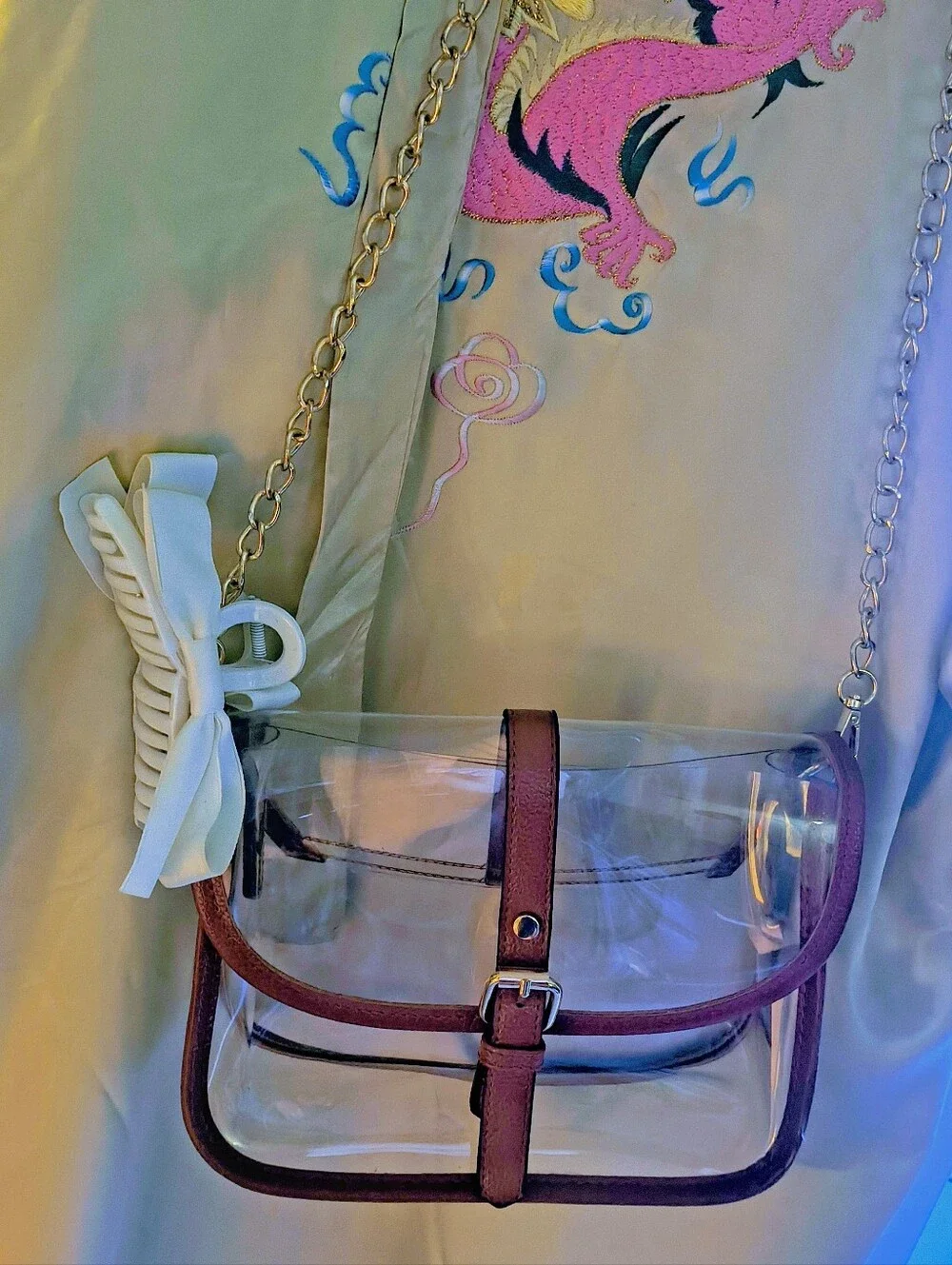 Clear Crossbody Bag with Brown Trim and Gold Chain